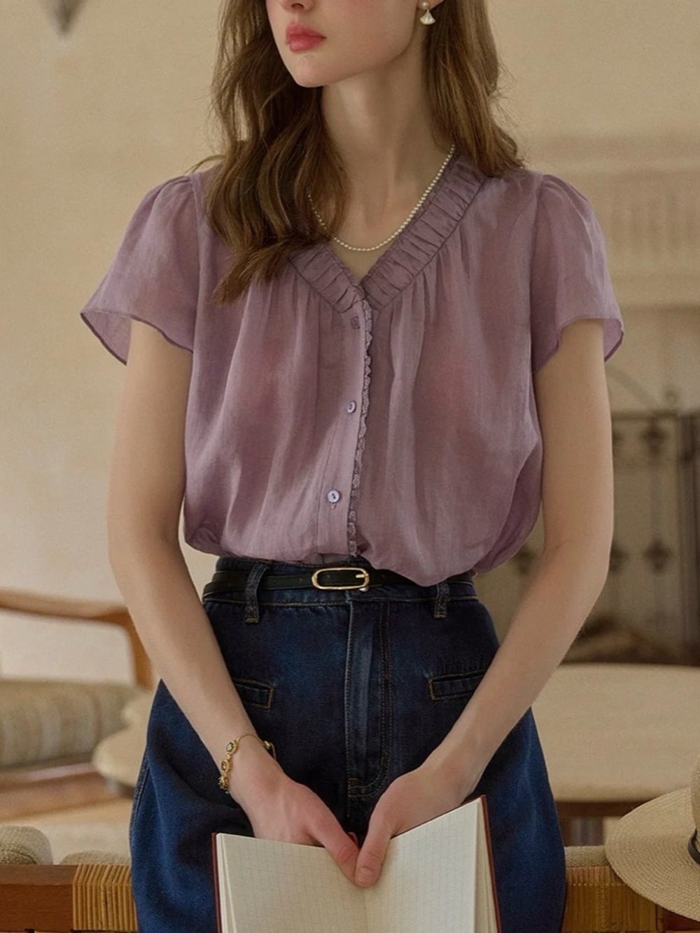 Simple Retro Lavender Ruffle-Trim V-Neck Blouse - Women
